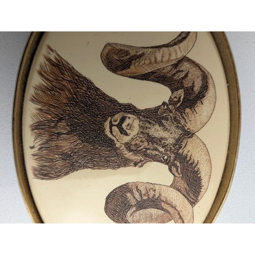Vintage 1983 Barlow Solid Brass Bighorn Ram Scrimshaw Belt Buckle Made in USA